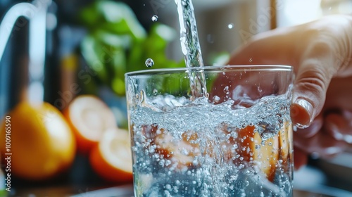 Hand holding a glass being filled with clear water, surrounded by citrus fruits, creating a refreshing and healthy beverage concept with a vibrant feel.