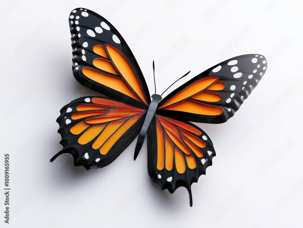 Intricate paper art of a monarch butterfly with black and orange wings. Intricate paper art of a monarch butterfly with black and orange wings.