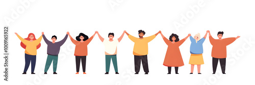 Happy people holding hands together, arms up flat style illustration