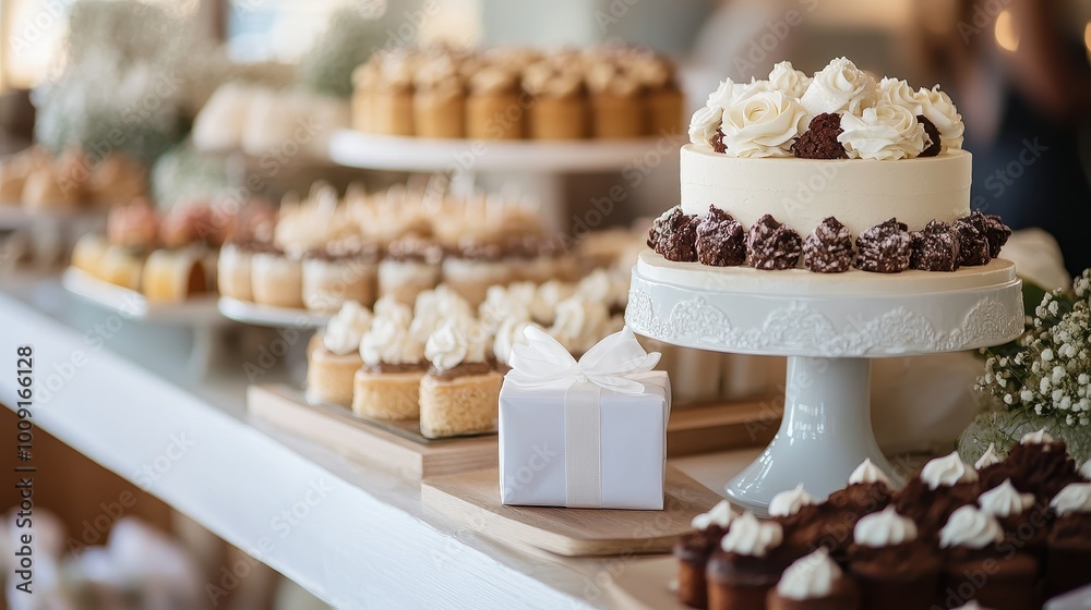 Elegant Wedding Dessert Table with Tiered Cake and Cupcakes Elegant Wedding Dessert Table with Tiered Cake and Cupcakes