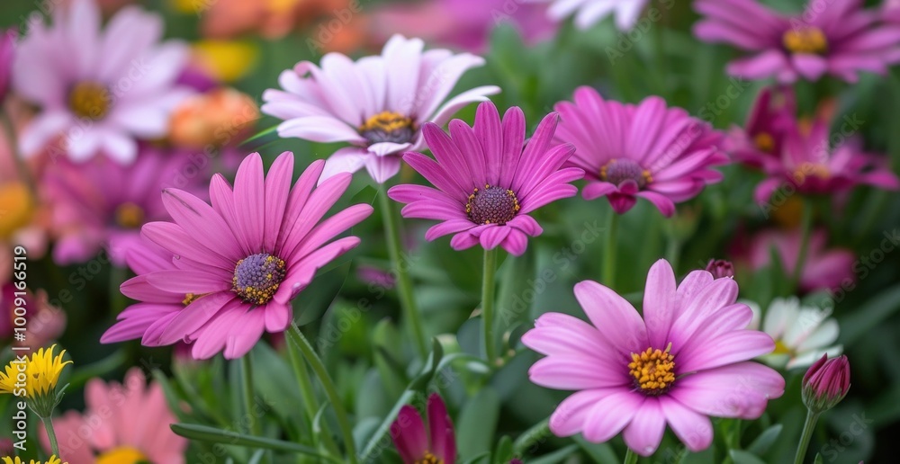 Colorful blooming flowers in a garden setting, showcasing shades of pink, purple, and yellow against a blurred green background filled with lush foliage