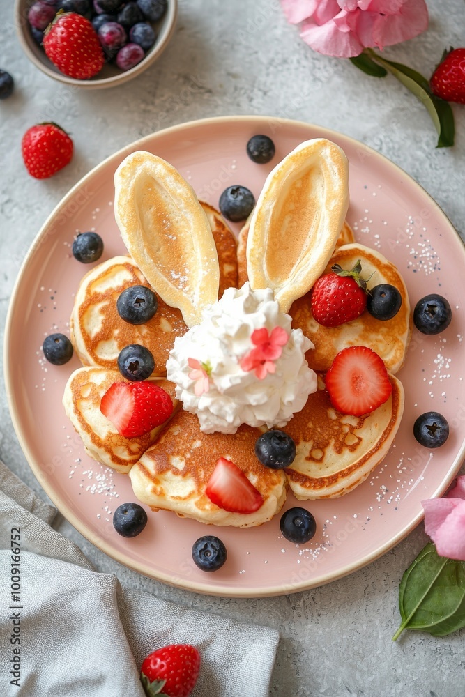 Obraz premium Overhead shot of fluffy pancakes shaped like bunny ears, with a delicate dollop of whipped cream and fresh berries, on a light rose plate