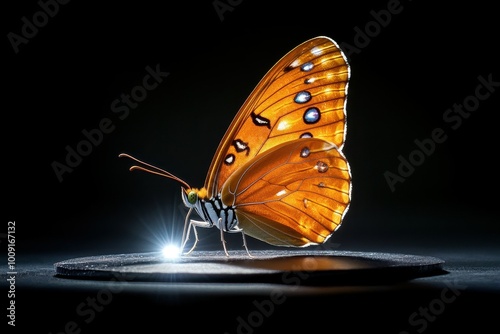 A vibrant orange butterfly with black markings perches on a dark surface, a beam of light illuminating its delicate wings. photo