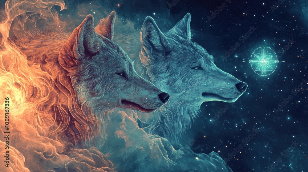 Two ethereal wolves amidst cosmic clouds and stars, symbolizing duality and nature. Two ethereal wolves amidst cosmic clouds and stars, symbolizing duality and nature.