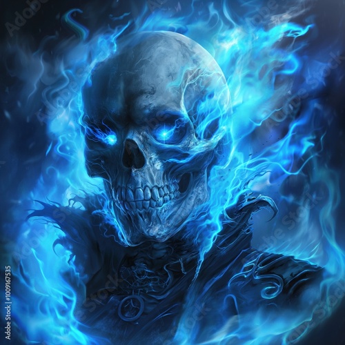 Skull of a female assassin with blue fire surrounding her face. Dark space background with abstract shapes and lights. Fantasy illustration of a strong warrior.