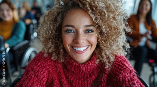 A woman with curly hair beams with joy, surrounded by supportive people, embodying community, inclusion, and happiness in a vibrant social setting.