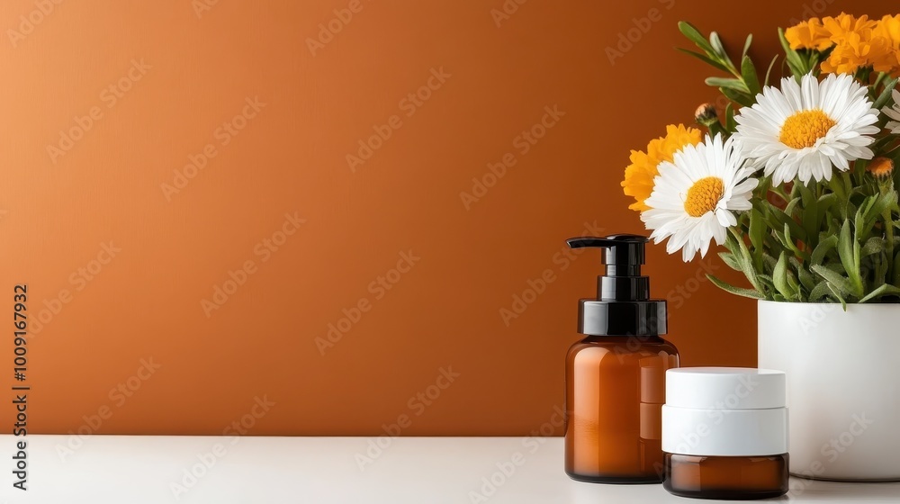 Amber glass bottles styled neatly on a shelf adorned with daisies, creating a balanced composition that highlights nature-inspired design and aromatic elements. Amber glass bottles styled neatly on a shelf adorned with daisies, creating a balanced composition that highlights nature-inspired design and aromatic elements.