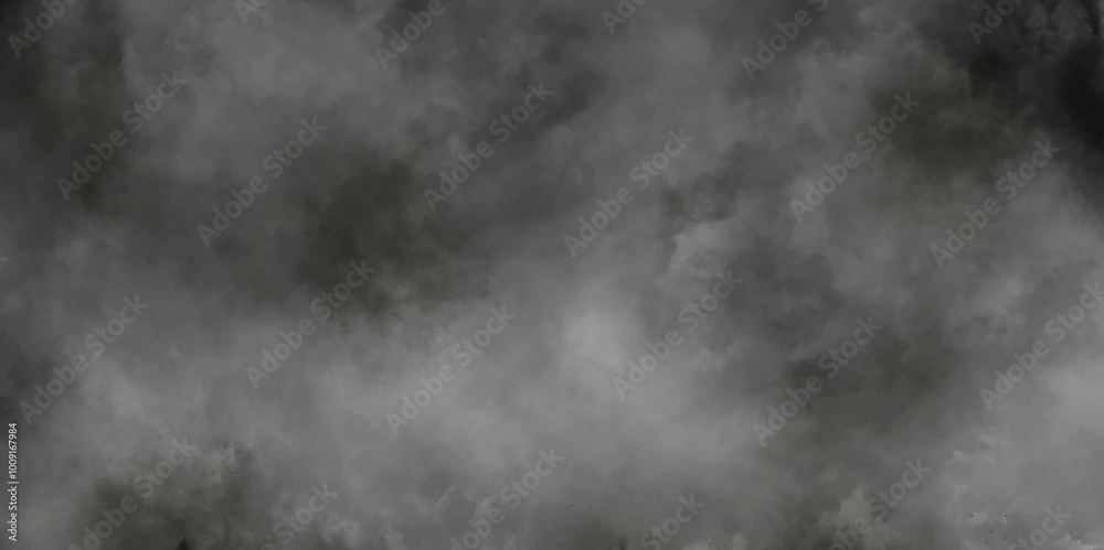 White Black empty space dust cloud explosion. Gray smoke or fog color isolated on transparent dark cloudscape atmosphere background. Black and grey watercolor grunge texture.	
