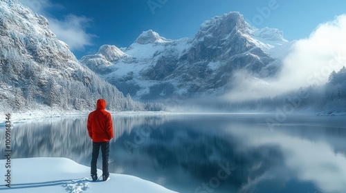 person clad in a striking red jacket standing on pristine snow with a frozen lake and majestic mountains creating a breathtaking backdrop cold blue skies contrasting with warm outerwear photo