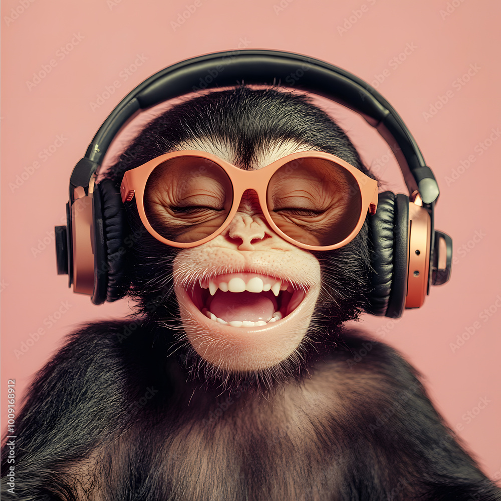 Smiling Monkey with Headphones on Pastel Background Smiling Monkey with Headphones on Pastel Background