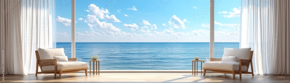 Obraz premium Relaxing Ocean View from Modern Living Room with Two Comfortable Chairs