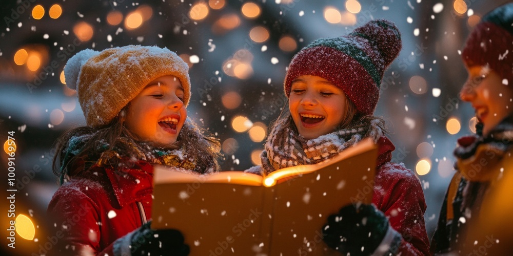 Joyful Family Caroling in Snow, warm smiles, festive atmosphere, twinkling holiday lights, winter wonderland scene Joyful Family Caroling in Snow, warm smiles, festive atmosphere, twinkling holiday lights, winter wonderland scene