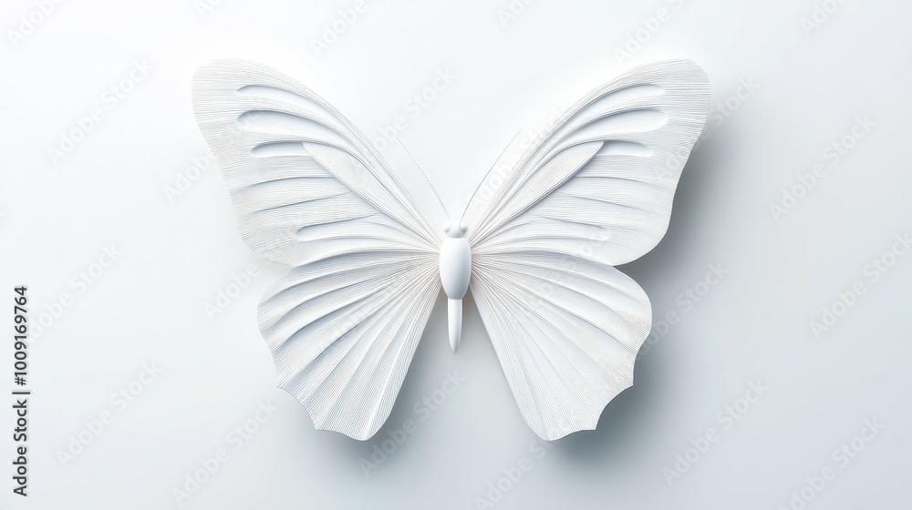 Naklejka premium A white paper butterfly, with delicate wings, sits on a white background.
