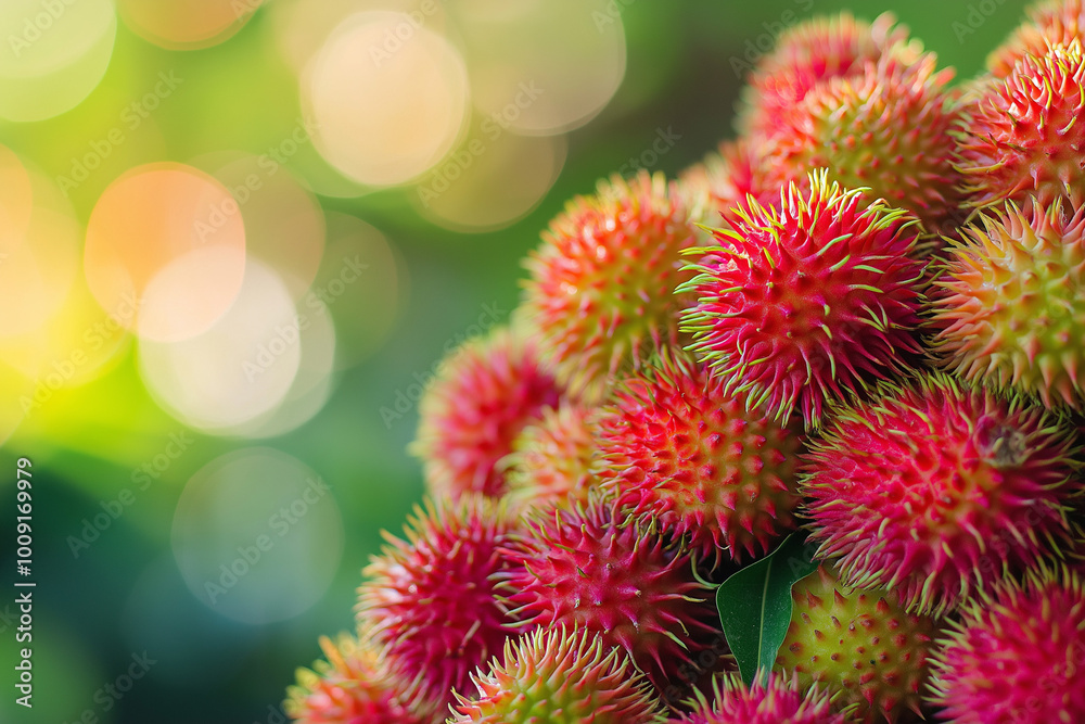 Fresh red rambutan fruits with leaves background. Fresh red rambutan fruits with leaves background.
