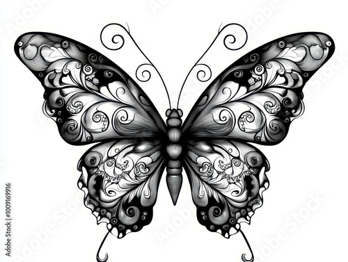 Intricate black and white butterfly with swirling patterns on its wings. photo