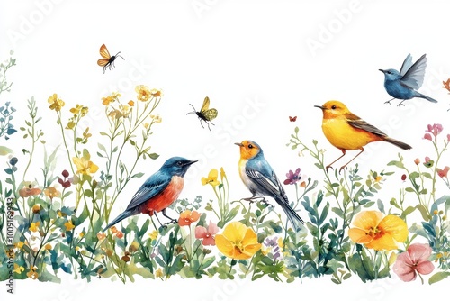 Colorful birds amidst a blooming wildflower meadow