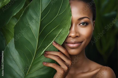 afrikanische Frau mit natürlichem Lächeln mit grünem Blatt und Hand vor dem Gesicht