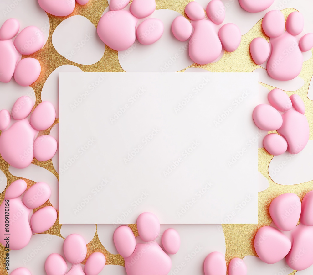 Cute pink dog paw print pattern with white background and gold elements, white square in the center for text.
Cute pink dog paw print pattern with white background and gold elements, white square in the center for text.
