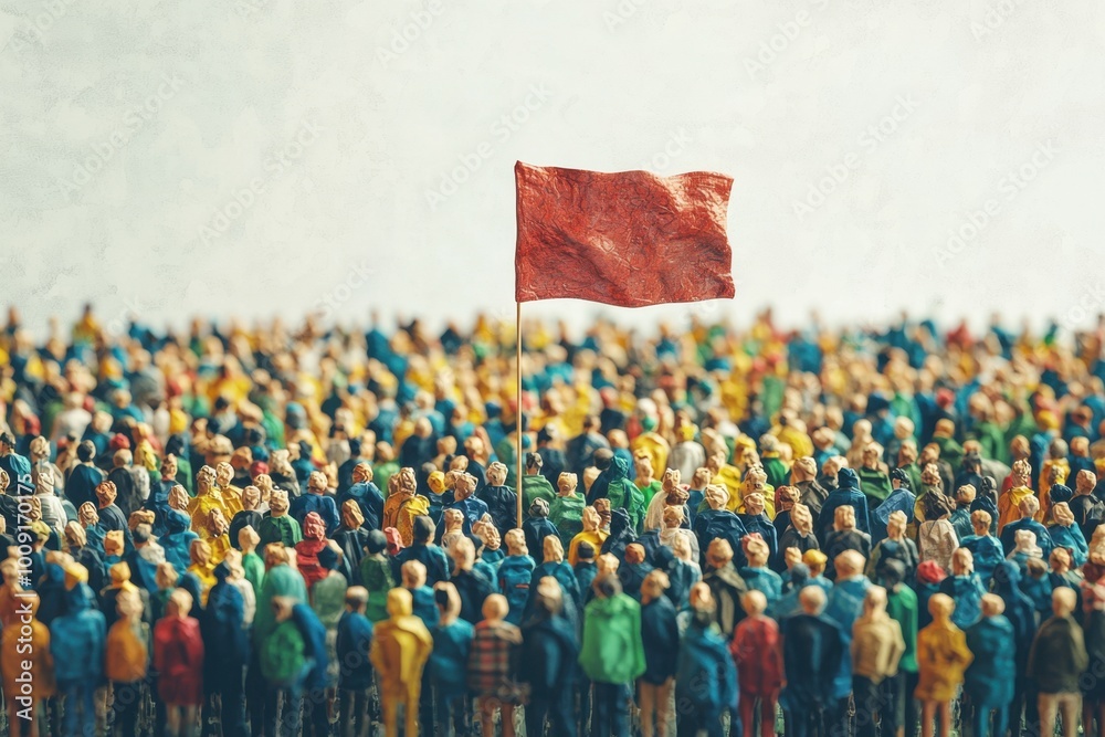 Obraz premium Miniature crowd with a red flag symbolizing unity and protest