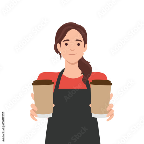 Barista holding coffee cup, serving coffee to customer. Flat vector illustration isolated on white background