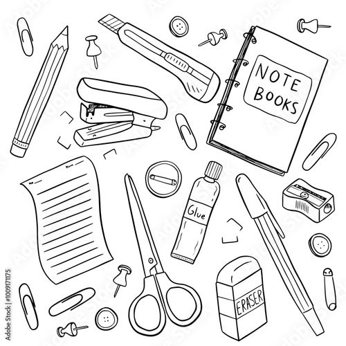 Collection of hand drawn school and stationery supplies, including scissors, glue, a notebook, pencil, stapler, eraser, sharpener, and paper clips. Perfect for educational or organizational projects.