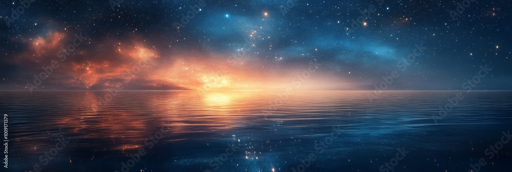 Obraz premium Starry Sky Over Serene Ocean, twinkling stars illuminating calm waters, gentle horizon blending night with tranquility, inviting peaceful reflection