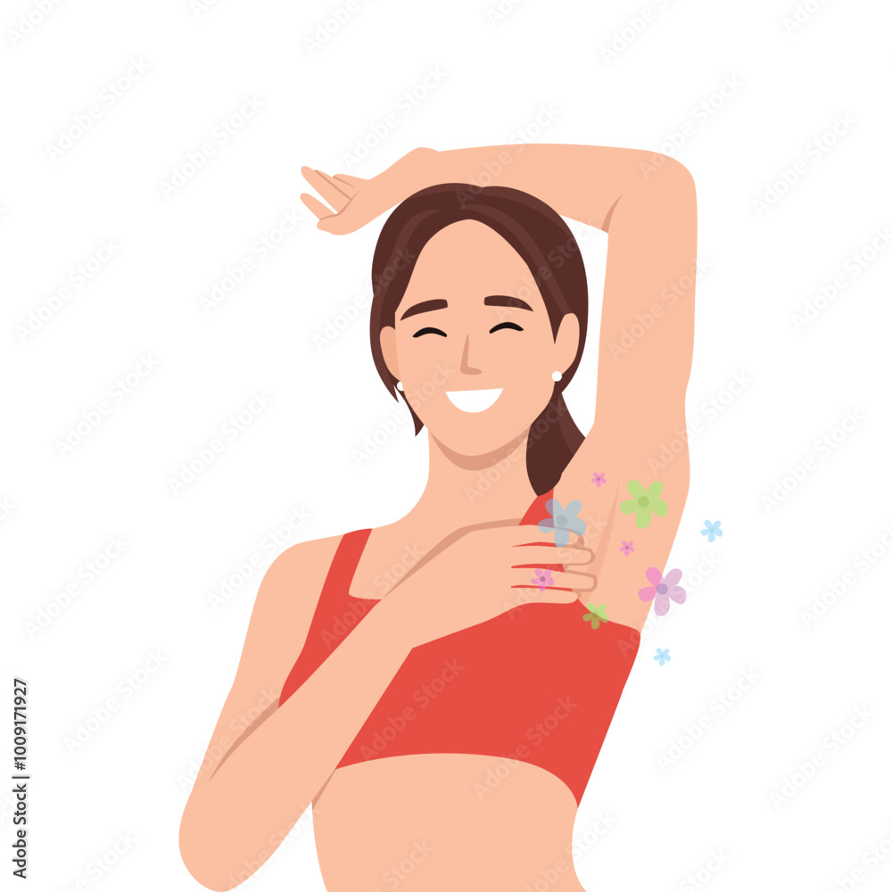 Woman who smells floral from armpit. Flat vector illustration isolated on white background Woman who smells floral from armpit. Flat vector illustration isolated on white background