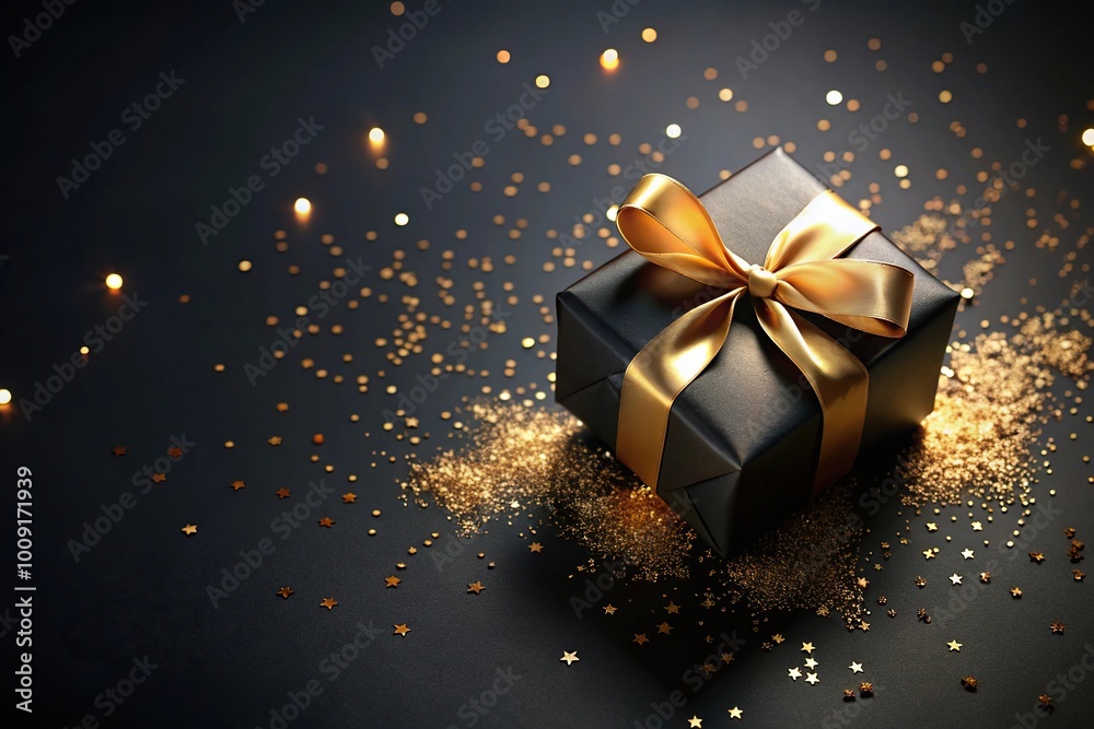Elegant gift box with golden ribbon and confetti on dark background Elegant gift box with golden ribbon and confetti on dark background