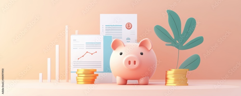 Clean piggy bank illustration with financial documents and growth charts, symbolizing business savings strategy Clean piggy bank illustration with financial documents and growth charts, symbolizing business savings strategy