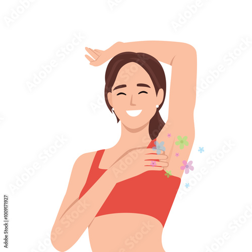 Woman who smells floral from armpit. Flat vector illustration isolated on white background