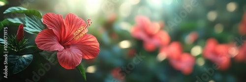 Wallpaper Mural Vibrant hibiscus blooms in sharp detail, surrounded by a lush, softly blurred tropical garden backdrop. Torontodigital.ca