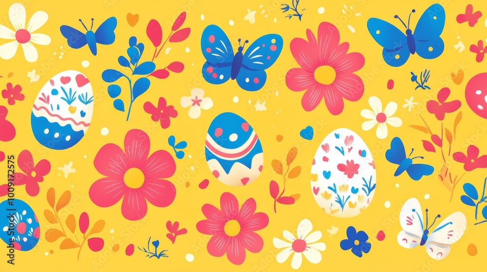 Easter Eggs and Butterflies on Yellow Background Easter Eggs and Butterflies on Yellow Background
