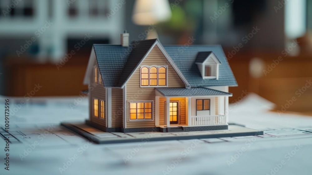 Close-up of a blueprint with a model house positioned for a visually appealing presentation, with focus on design and detail. Close-up of a blueprint with a model house positioned for a visually appealing presentation, with focus on design and detail.