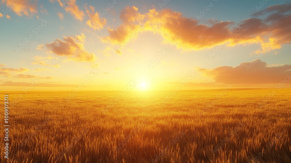 Obraz premium Golden Wheat Field Sunset Landscape