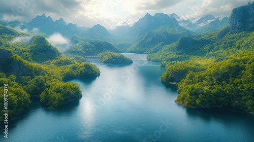 Tranquil Mountain Lake in Verdant Scenic Landscape under Clouded Sky