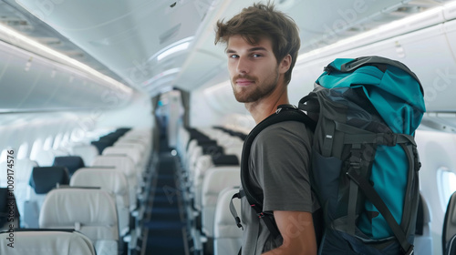 Young backpacker upgrading to luxury business class cabin on airplane, walking through premium seats with a smile, experiencing comfort and elegance. Air travel upgrade, elevated flying experience. photo