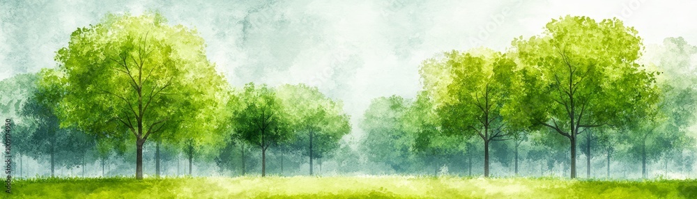 Fototapeta premium Watercolor Painting of a Green Forest with Misty Sky