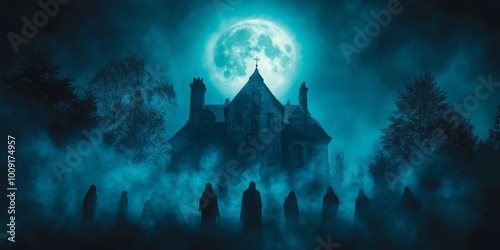 Haunted house silhouette under full moon, ethereal ghostly figures softly blurred, eerie atmosphere, night scene, supernatural elements