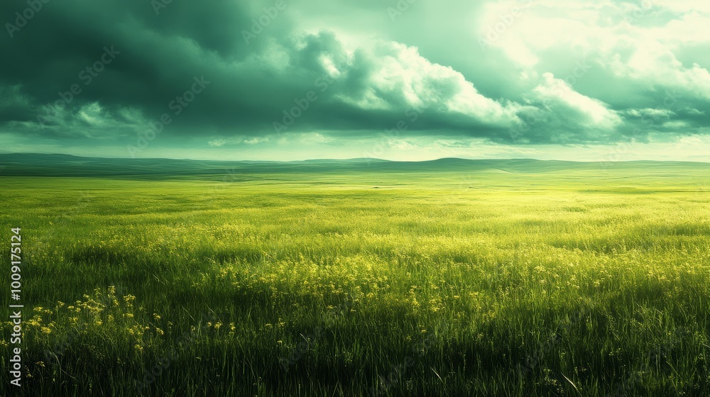 Obraz premium Green Meadow Landscape with Dramatic Sky and Sun Rays