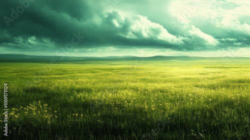 Green Meadow Landscape with Dramatic Sky and Sun Rays