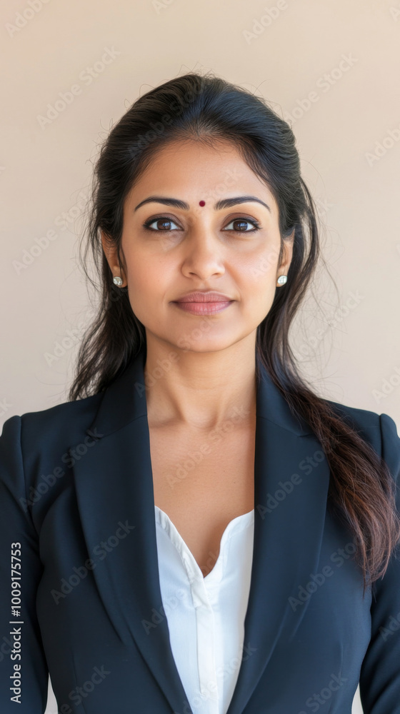 Portrait of middle age Indian businesswoman in suit against neutral background Portrait of middle age Indian businesswoman in suit against neutral background