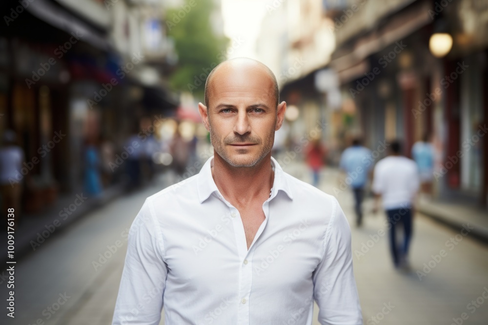 Portrait of a glad man in his 40s wearing a simple cotton shirt in front of busy urban street Portrait of a glad man in his 40s wearing a simple cotton shirt in front of busy urban street