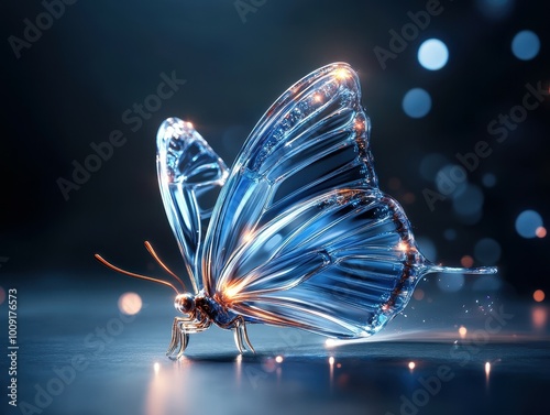 A glass butterfly with glowing details rests on a dark surface. photo
