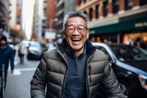 Portrait of a joyful asian man in his 70s showing off a thermal merino wool top on busy urban street