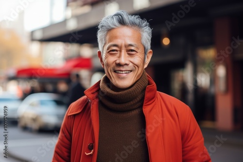 Portrait of a joyful asian man in his 70s showing off a thermal merino wool top over busy urban street