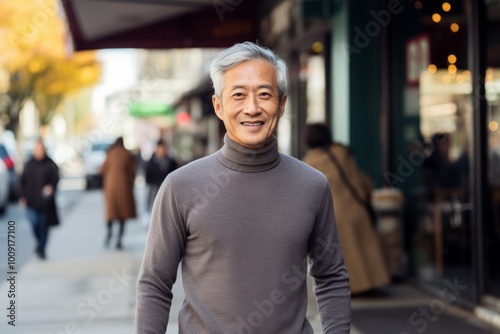 Portrait of a joyful asian man in his 70s showing off a thermal merino wool top in busy urban street