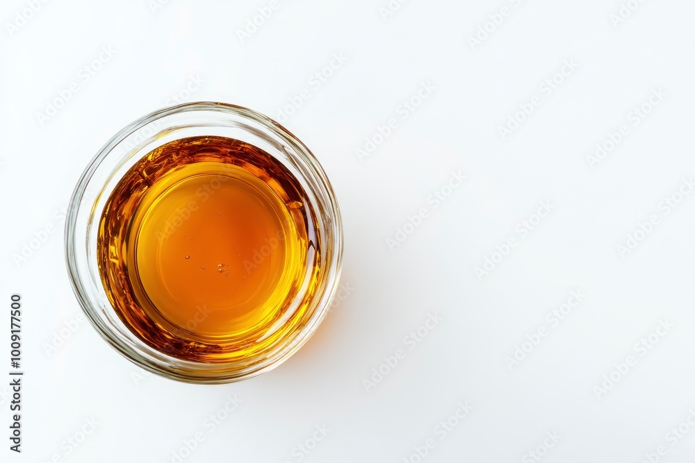 Glass bowl of honey with honey dipper isolated on white background. top view - generative ai Glass bowl of honey with honey dipper isolated on white background. top view - generative ai