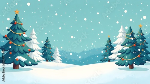 Snow-covered landscape, fir trees in the snow, falling snow, day, garlands on fir trees