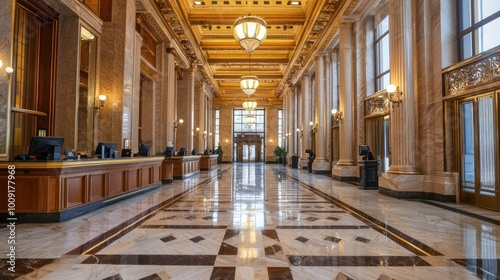 The inside of a high-end bank with marble floors, large chandeliers, and tellers behind elegant counters. photo