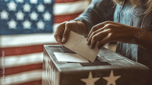 A close-up of a voter inserting their ballot into a voting machine, with American flag decor in the background. The image symbolizes civic duty and patriotism, capturing a hopeful, democratic moment